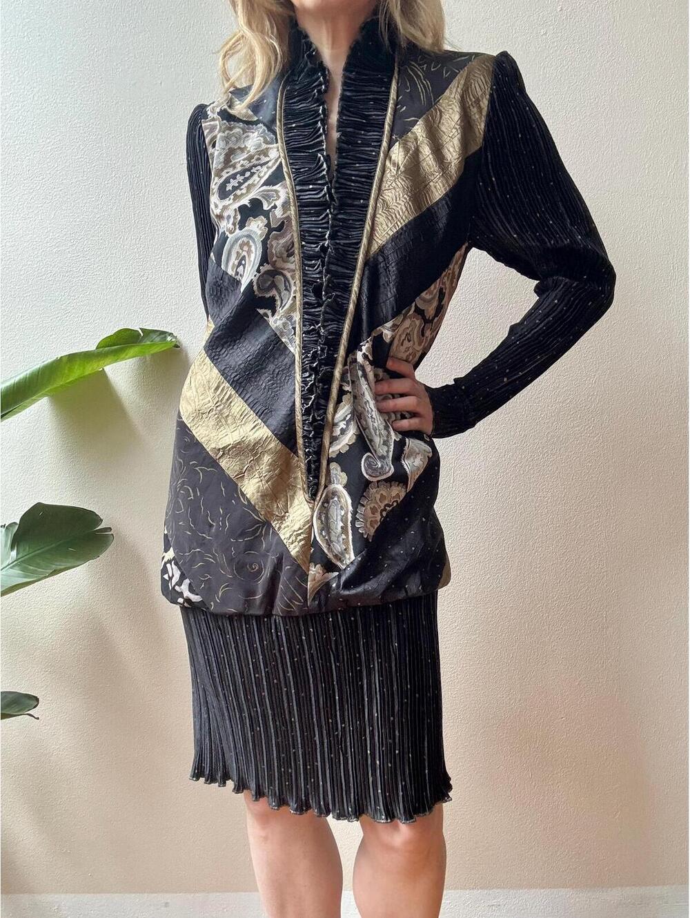 Vintage 1980s Jeanne Marc Pleated Black & Gold Ruffled Drop Waist Dress